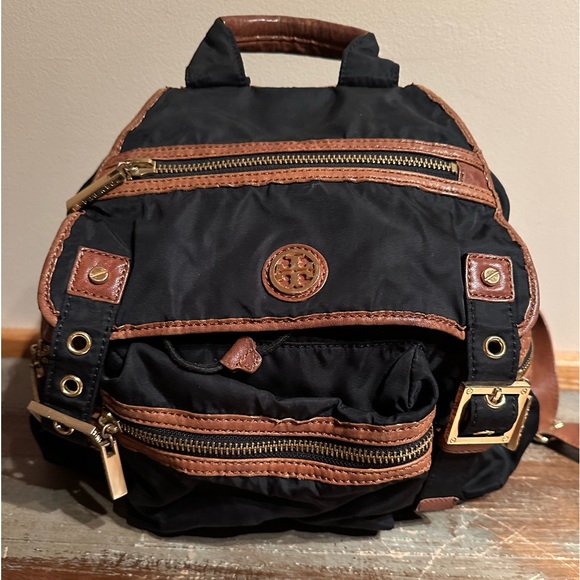 Tory Burch backpack black nylon brown leather multiple zipper and open pockets main image 7